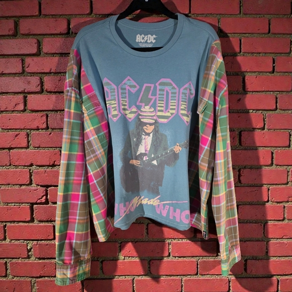 Upcycled Tops - Upcycled AC/DC Women's Long Sleeve Graphic Tee - Blue and Pink